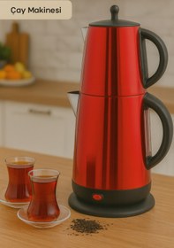 Resim Oniks Elektrikli Çay Makinesi Kırmızı Otomatik Kapanma, Paslanmaz Çelik Demlik 