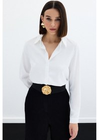 Resim Sateen Düz Klasik Gömlek - Ekru-122325 Ekru 