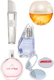 Resim Avon Kadın Parfüm Seti; Pur Blanca + Wish Of Love + Perceive + Incandessence + Lovider Cep Aynası 