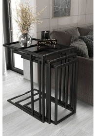 Resim 3'lü Siyah Koltuk Sehpası&yan Sehpa Şeffaf Füme Cam 