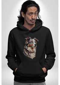 Resim Australian Shepherd Köpek Kadın Erkek Siyah Kapüşonlu Sweatshirt Hoodie Siyah 