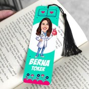 Resim Kalp Doktoru Kadın Karikatürlü Püsküllü Kitap Ayracı 