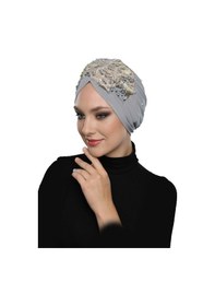 Resim Elysianfidan Astarlı İşlemeli Açık Gri - Pudra Dantel Motifli Hazır Türban Tesettür Abiye Bone Açık Gri - Pudra 