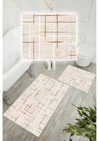 Resim Dijital Baskı Çizgi Desen Kaymaz Taban 2li Set Banyo Paspası Klozet Takımı 50x60cm-60x100cm Krem 