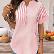 Resim Kadınların Rahat V-Yaka Kısa Kollu Çizgili Gömlek, Düğme Detayı ile - Hafif Polyester, Bahar/Yaz/Sonbahar Modası Üst, Rahat Kıyafet için Çizgili Desenli Bluz 