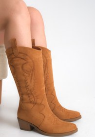 Resim Ayakkabı Delisiyim Taba Rengi Süet Kadın Çizme Nakışlı Western Kovboy Kaymaz Taban Kalın Topuklu Helen 