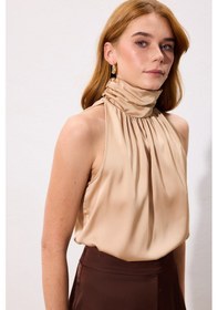 Resim Sateen Boğazlı Kolsuz Bluz - Camel-136544 CAMEL 