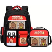 Resim Turcoshop11 Siyah Kırmızı Okul Çantası Ve Öğle Yemeği Çantası Kapibara Karakterli Üç Parçalı Set Büyük Kapasiteli Sırt Çantası Siyah Kırmızı 
