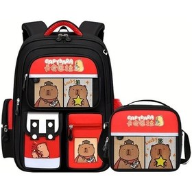 Resim Turcoshop11 Siyah Kırmızı Okul Çantası Ve Öğle Yemeği Çantası Kapibara Karakterli Üç Parçalı Set Büyük Kapasiteli Sırt Çantası Siyah Kırmızı 