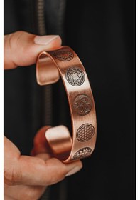 Resim Erkek Bakır Bileklik - Yaşam Çiçeği - Lotus - Sri Yantra - Om Sembolü - Erkek Bakır Kelepçe Bileklik Rose Gold 