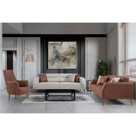 Resim meser mobilya Lizbon 3lü Nubuk Kumaş İskandinav Ekru Tarz Açılır Ceviz Kanepe Koltuk Takımı 3+3+1 