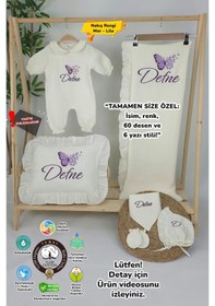 Resim Gros Shop Müslin Yeni Doğan 4katlı Organik %100pamuk Kişiye Özgü Nakışlı Hastane Çıkış Seti-çoklu Kelebek Ekru-1 