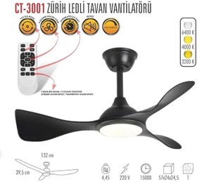 Resim Cata CT-3001 Modern Tavan Vantilatörü Siyah LED Işıklı ve Uzaktan Kumandalı LED Sessiz Motor Şık Tasarım 3 Renk Moduyl 