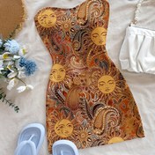 Resim Kadınlar İçin Şık Çiçek Desenli Omuzsuz Mini Elbise - Tatil Hazır Turuncu Paisley Tasarım, Yarı Saydam, Makinede Yıkanabilir, Günlük Kullanım İçin Mükemmel, Yaz Modası, Eğlenceli Kumaş 