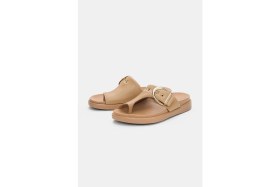 Resim Selin Shoes Soraya Ayarlanabilir Gold Toka Detaylı Parmak Arası Kadın Terlik- Taba 