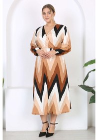 Resim Mooi Xxl Kadın Kahve Zigzag Desen Kruvaze Yaka Balon Kol Maxi Boy Bürümcük Elbise Kahverengi 