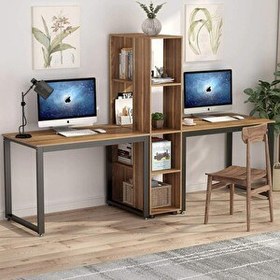 Resim Zizuva 55x75 CM İki Kişilik Kitaplıklı Ceviz Çalışma Masası 