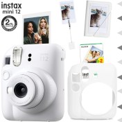 Resim Fujifilm Instax Mini 12 Beyaz Fotoğraf Makinesi - 20'li Film - Kıskaçlı Stand - Mini Albüm ve Silikon Kılıf Seti 