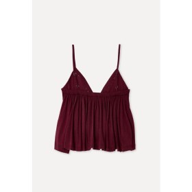 Resim Mudo Kadın Bordo Fırfırlı Loose Fit V Yaka Kolsuz Bluz 