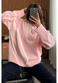Resim Madmext Pembe V Yaka Oversize Kadın Triko Kazak Mg2149 Pembe 
