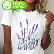 Resim Kadınlar için lavanta baskılı %100 pamuk kısa kollu tişört - Yarı şeffaf karikatür çiçek desenli günlük üst, Makinede yıkanabilir ilkbahar yaz sonbahar tişörtü 