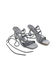 Resim Feles Bilekten Bağlamalı Taş Detaylı Topuklu Kadın Abiye Ayakkabı Platin 