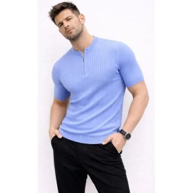 Resim Marsilyan- Erkek Kısa Kol Fitilli Triko T-Shirt Yazlık Hakim Yaka Tişört - Bebek Mavisi 