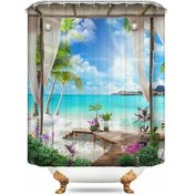 Resim 3D Sunny Beach Baskılı Duş Perdesi Set Deniz Manzarası Banyo Ekranı Su Geçirmez Banyo Perdeleri Kaymaz Banyo Mat Kaidal Halı (120 * 180 Cm) 