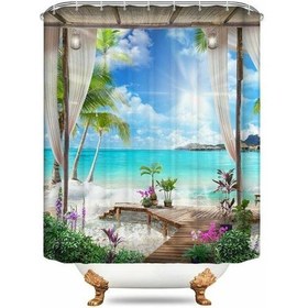 Resim 3D Sunny Beach Baskılı Duş Perdesi Set Deniz Manzarası Banyo Ekranı Su Geçirmez Banyo Perdeleri Kaymaz Banyo Mat Kaidal Halı (120 * 180 Cm) 