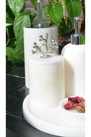 Resim MIARIK DESIGN & DEKORASYON Dekoratif Beyaz Mermer Pamukluk Gümüş Mercan Detaylı 