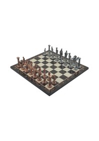Resim Gifthome Büyük Boy Metal İngiliz Satranç Takımı Antik Ve Katlanır Ceviz Desenli Mdf Satranç Tahtası 43x43 Cm. 