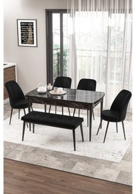 Resim Canisa Zen Serisi 80x132 Mdf Açılabilir Siyah Mermer Desen Masa Takımı 4 Siyah Sandalye Ve 1 Bench Asa Siyah Mermer Desen Sandalye Siyah 