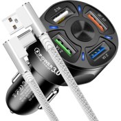 Resim Judas A4 Universal Araç Şarj Adaptörü -4 Girişli + J11 Type-C 90 Derece 2.4A Şarj Kablosu -1mt 