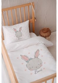 Resim %100 Pamuk Saten Isme Özel Isimli 100x150 Bebek Yatak Nevresim Seti Tavşan 2 