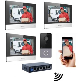 Resim Hikvision IP Villa Tipi Görüntülü Diafon Seti - 3 Monitörlü Wi-Fi Kapı Telefonu ve Interkom Sistemi 