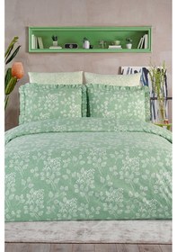 Resim Flora Serisi Fırfırlı Çift Kişilik 6 Parça Nevresim Takımı--70 Yeşil 