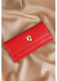 Resim Alya Hakiki Deri Gold Detaylı Kadın Kartlık Ve Cüzdan Kırmızı 