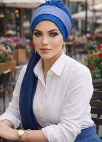 Resim Aişe tesettür Koyu Mavi Batik Fularlı Desen Fularlı Bone 