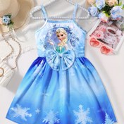 Resim Resmi Yaz Kızlar Mavi Frozen "Prenses Elsa" Baskılı Kolsuz Elbise - Yumuşak, Nefes Alabilir & Zarif Karikatür Esinlenmiş Tasarım Kelebek Bel Detayı ile - Küçük Stil Tutkunları için Mükemmel Hediye, Genç Kızların Parti Giyimi, Yumuşak Doku 