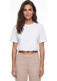 Resim Onloox Kadın Beyaz Beyaz Viskon Karışımlı Bisiklet Yaka Kısa Kollu Balon Form Beli Lastikli Crop T-shirt 