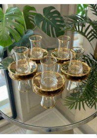 Resim Elta Collection 12 Parça 6 Kişilik Gold Metal Çerçeveli Çay Seti 6 Bardak 6 Metal Tabak Lüks Sunum Altınmetal 