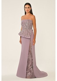 Resim Straplez İşlemeli Yırtmacı Tül Krep Uzun Abiye Elbise Alfa Beta Vizon 