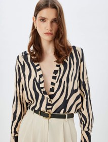 Resim Zebra Desenli Gömlek Uzun Kollu V Yaka 