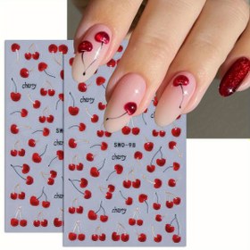 Resim 2 adet Kırmızı Kiraz Tırnak Sanatı Stickerları - 3D Sevimli Meyve Tasarımı Parlak Bitiş, Kendinden Yapışkanlı Plastik Dekaller DIY Manikür için, Yazlık Tırnak Süslemeleri, Japon & Kore Tarzı Tırnak Çıkartmaları 