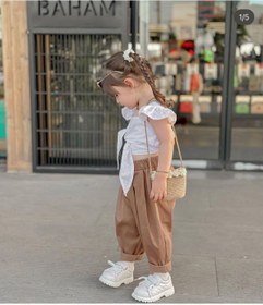 Resim Eybabykids Cocuk kahverengi pantolon beyaz bluz 