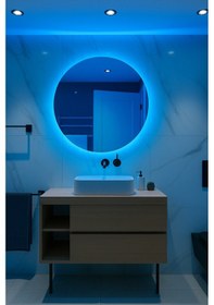 Resim Digital Hayat Mavi Led Işıklı Yuvarlak Ayna Dekoratif Banyo Makyaj Aynası Mavi 