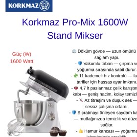 Resim Korkmaz Pro-Mix 1600W Stand Mikser - 4,7 Lt Paslanmaz Çelik Kase, Döküm Gövde ve 11 Kademeli Hız Ayarı, Siyah Satin 