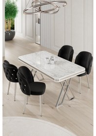 Resim Canisa Rigel Serisi 80x130 Lak Panel Beyaz Mermer Desen Masa Takımı Krom Ayaklı 4 Siyah Sandalye Beyaz Mermer Desen Masa Sandalyeler Siyah 