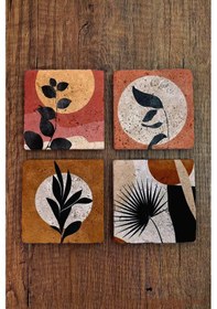 Resim Doğal Taş Bardak Altlığı 4'lü Set - Modern Desenler Çok Renkli 