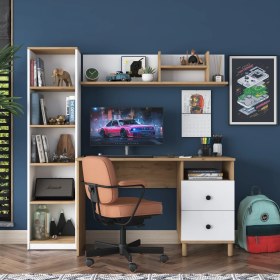 Resim Rani HA115 Çekmeceli Kitaplıklı Çalışma Ofis Bilgisayar Masası Sepet Ceviz - Beyaz 